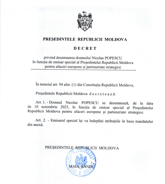 Maia Sandu l-a numit pe Nicu Popescu în funcția de emisar special pentru afaceri europene și parteneriate strategice
 