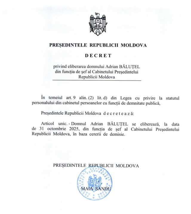 Adrian Băluțel, eliberat din funcția de șef al cabinetului prezidențial. Maia Sandu a semnat decretul  Adrian Băluțel, eliberat din funcția de șef al cabinetului prezidențial. Maia Sandu a semnat decretul