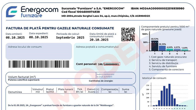 Energocom va emite primele facturi pentru gaze naturale din 6 octombrie 