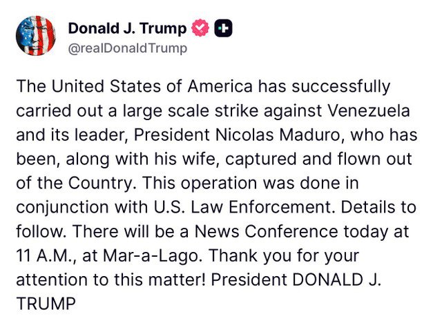 Președintele venezuelean Maduro a fost capturat de armata SUA și a fost scos din țară, declară Trump