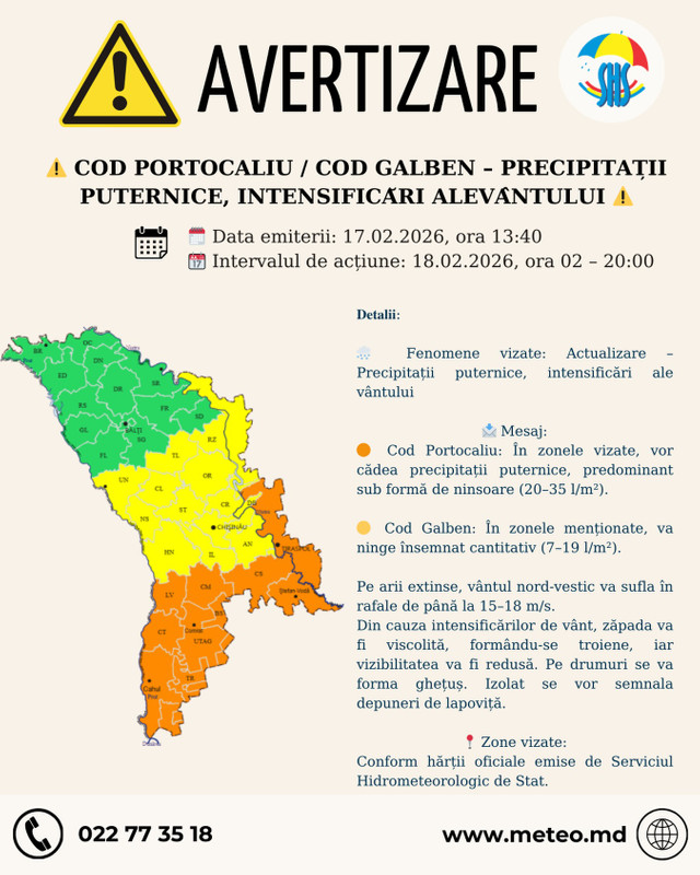 Alertă de ninsori puternice. Cod portocaliu în sud, cod galben în centrul Republicii Moldova
