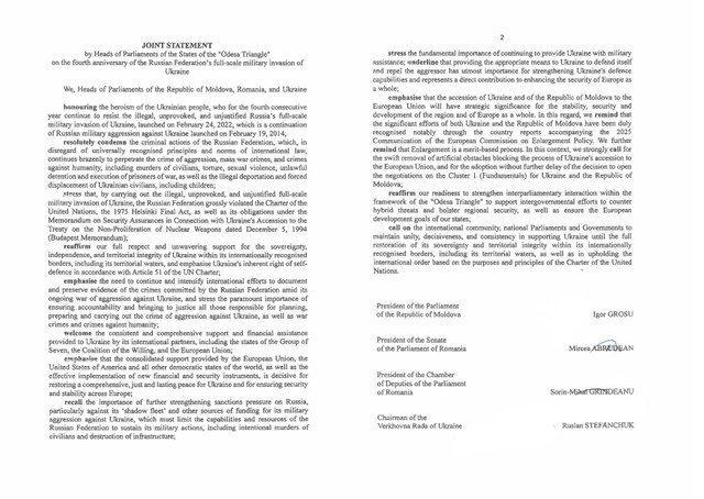 DOC | Președinții Parlamentelor din „Triunghiul Odesa” au semnat o declarație comună de sprijin pentru Ucraina și integrarea europeană
