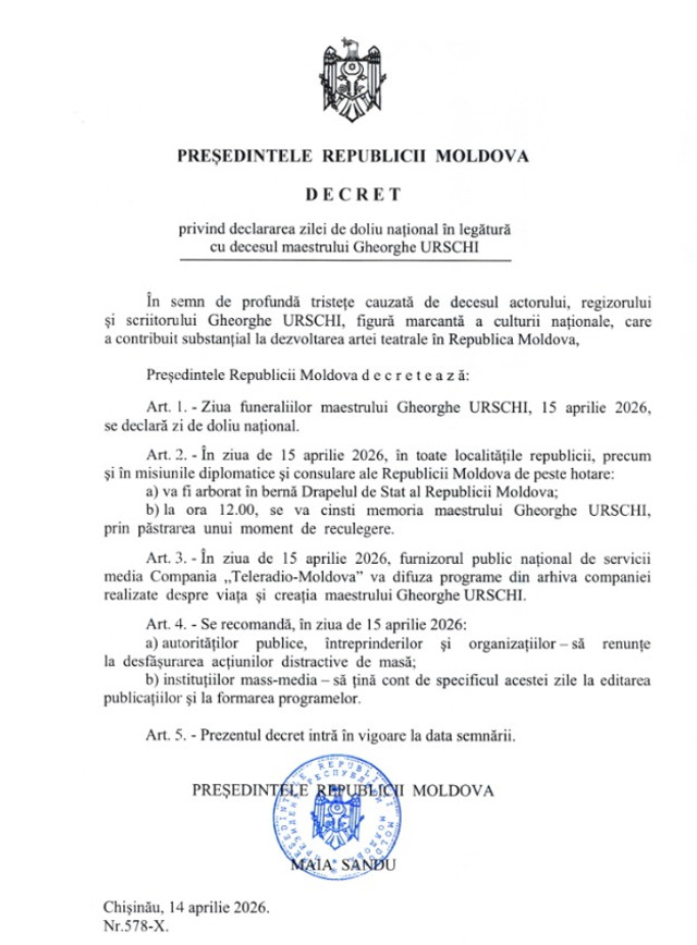 Ziua de 15 aprilie 2026 a fost decretată zi de doliu național în memoria lui Gheorghe Urschi (DOC)