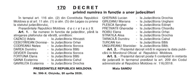 Președinta Maia Sandu a numit 16 judecători în mai multe instanțe din țară. Decretul a fost publicat în Monitorul Oficial